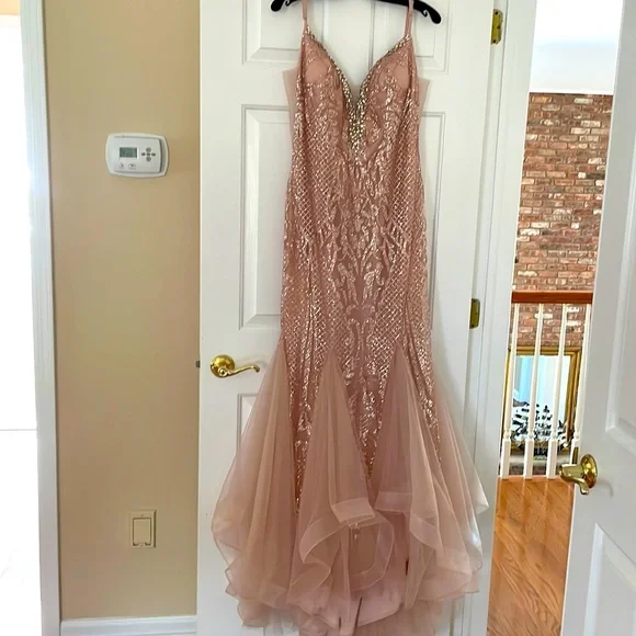 slim fit dress slacks Anastasia Off The Shoulder Gown with Long Train Rose Gold / Small main image 0